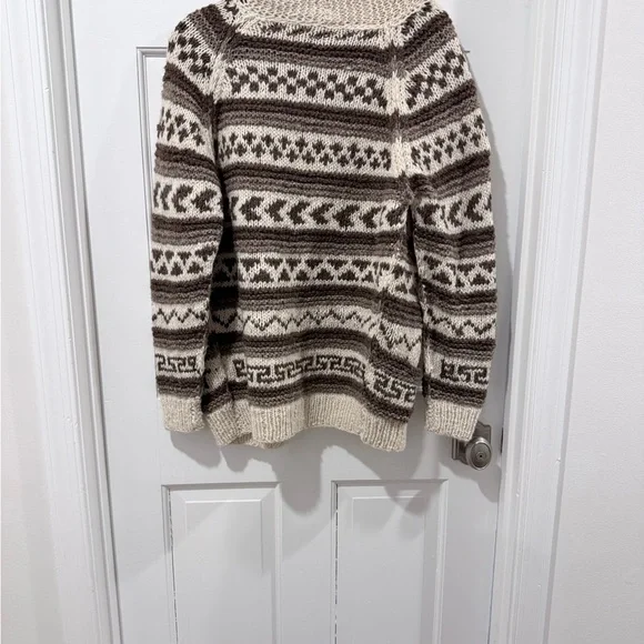 Handmade 100% Wool Fair Isle Retro Cardigan Sweater - Cream and Brown Size M - Picture 2 of 5